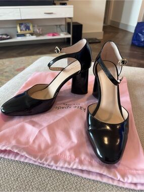 kate spade Black Patent Mary Jane Block Heels with Ankle Strap